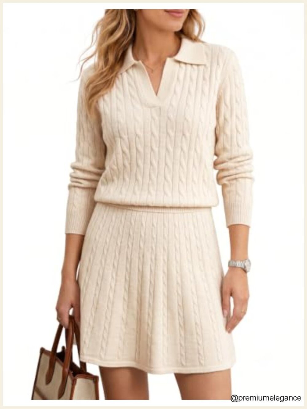 Women's 2 Piece Cable Knit Skirt Set Polo V Neck Long Sleeve Mini A-Line